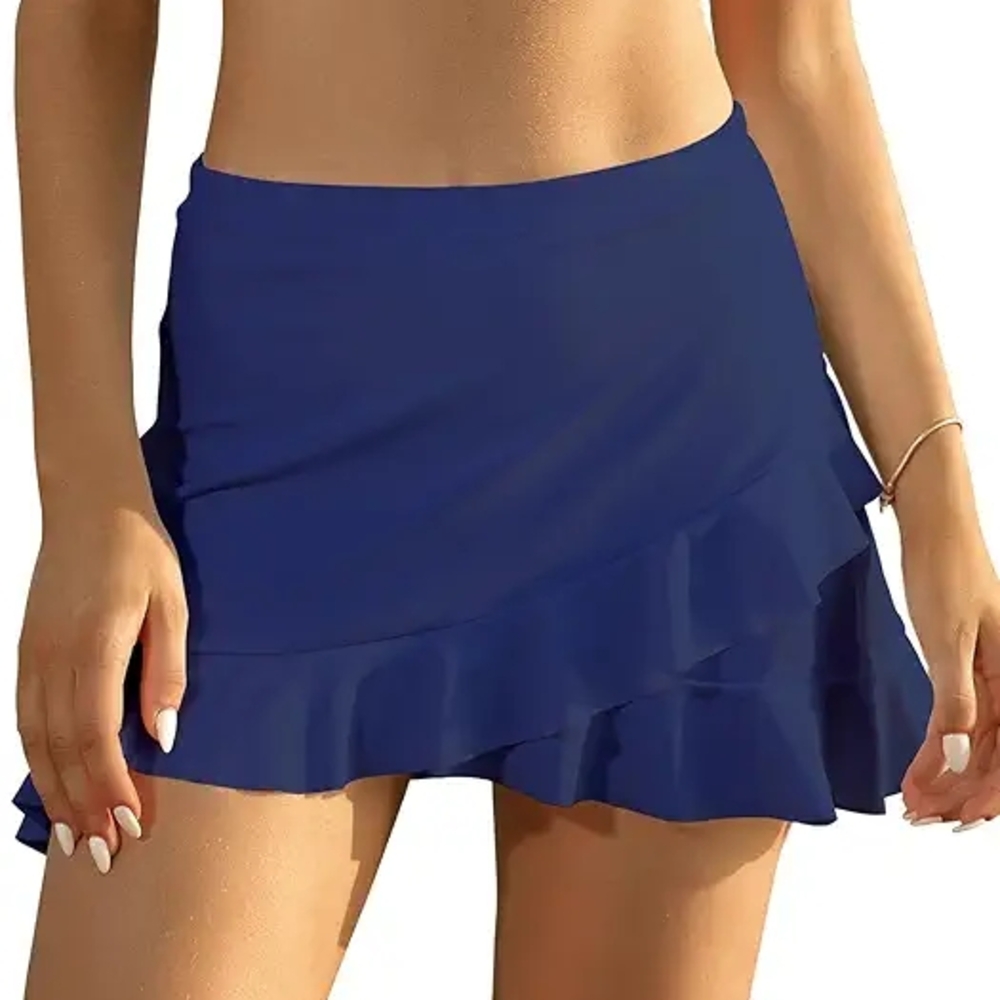 Shekini Women Stylish Ruffle Swim Skirt Built-in Bikini Bottom  Blue M